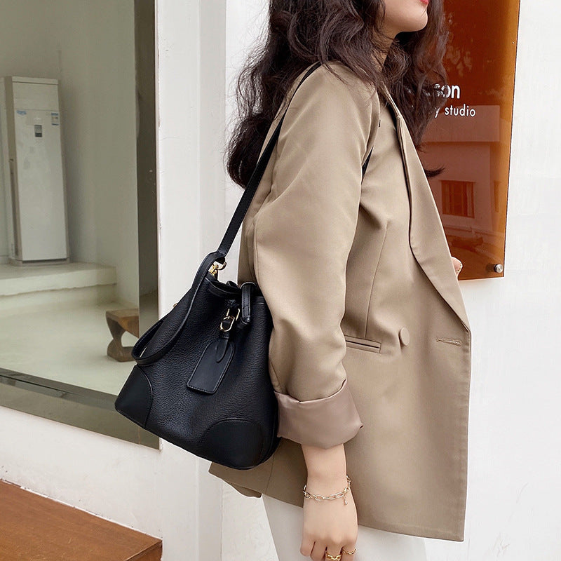 Cowhide Drawstring Bucket Bag