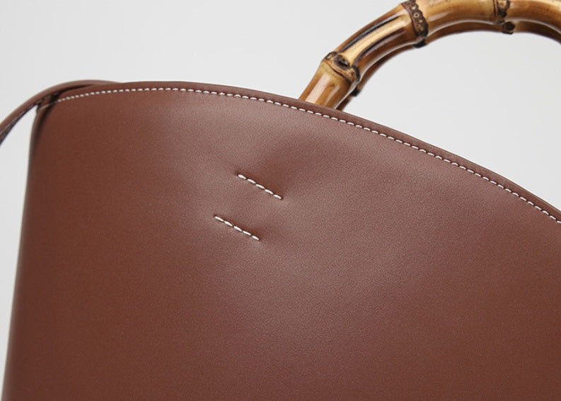 Bamboo Handle Leather Bucket Bag