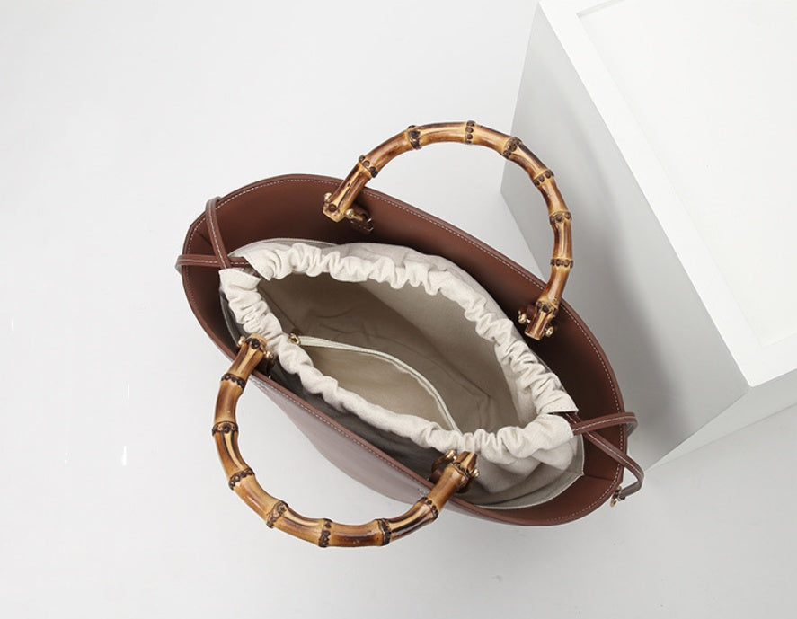 Bamboo Handle Leather Bucket Bag