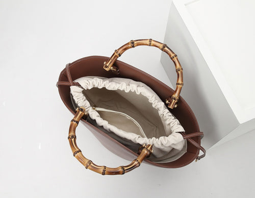 Bamboo Handle Leather Bucket Bag