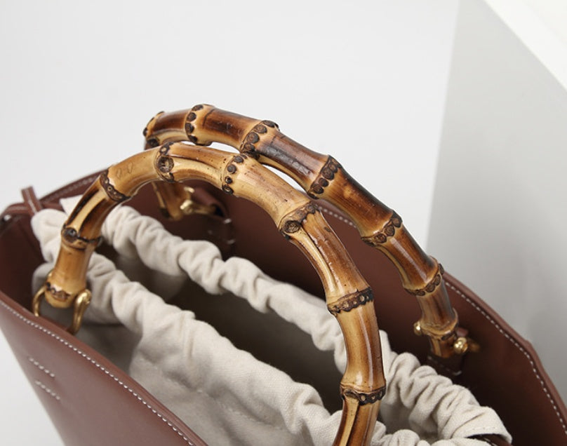 Bamboo Handle Leather Bucket Bag