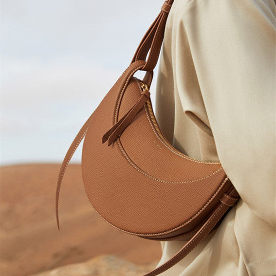 Litchi Pattern Leather Crescent Bag