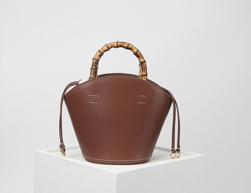 Bamboo Handle Leather Bucket Bag