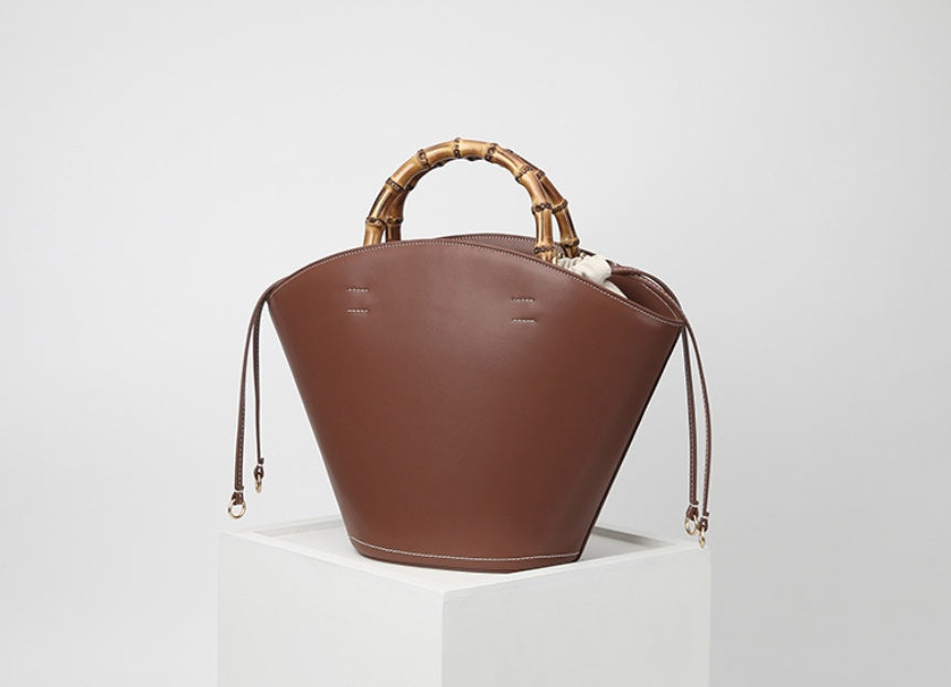 Bamboo Handle Leather Bucket Bag